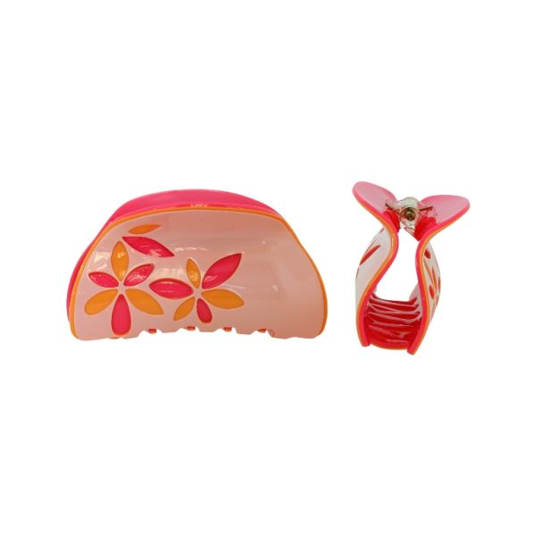 JEWELRY - BRACKET - CLAW HAIR CLIP PLASTIC WITH FLOWERS SH074 - 8.5x4.5x4.0cm PINK-ORANGE-CYCLAMEN - 1pc.