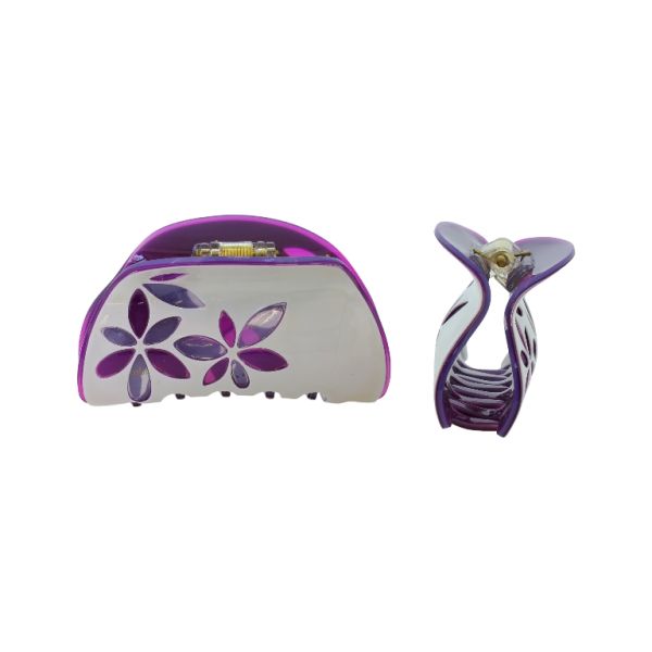 JEWELRY - BRACKET - CLAW HAIR CLIP PLASTIC WITH FLOWERS SH074 - 8.5x4.5x4.0cm GRAY (LIGHT)-PURPLE (DARK) - PACKAGE 2pcs.