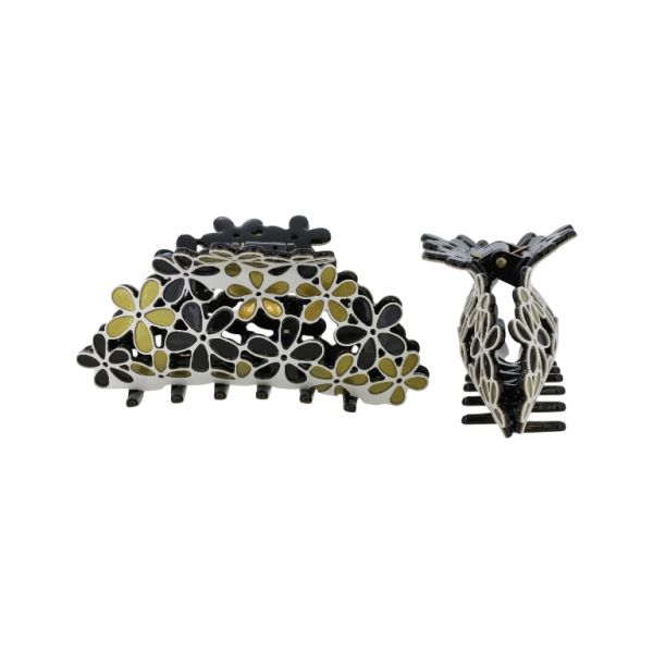 JEWELRY - BRACKET - CLAW HAIR CLIP PLASTIC WITH FLOWERS SH075 - 10x4.6x3.6cm WHITE-BLACK-YELLOW (DARK) - PACKAGE 2pcs.
