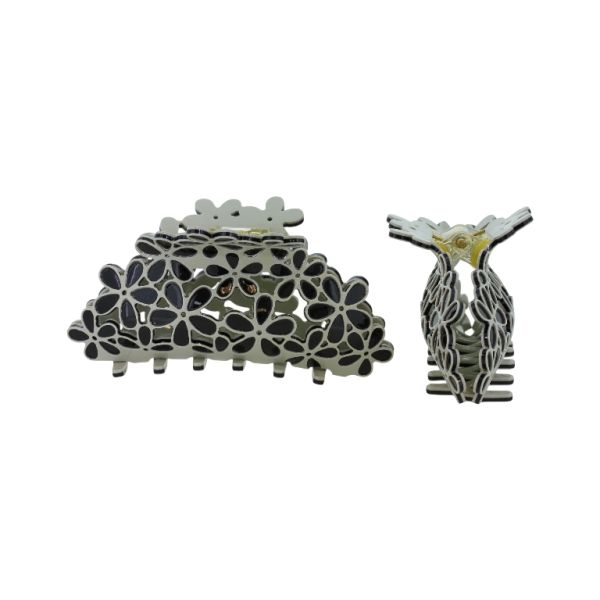 JEWELRY - BRACKET - CLAW HAIR CLIP PLASTIC WITH FLOWERS SH075 - 10x4.6x3.6cm GRAY (LIGHT)-BLACK - 1pc.