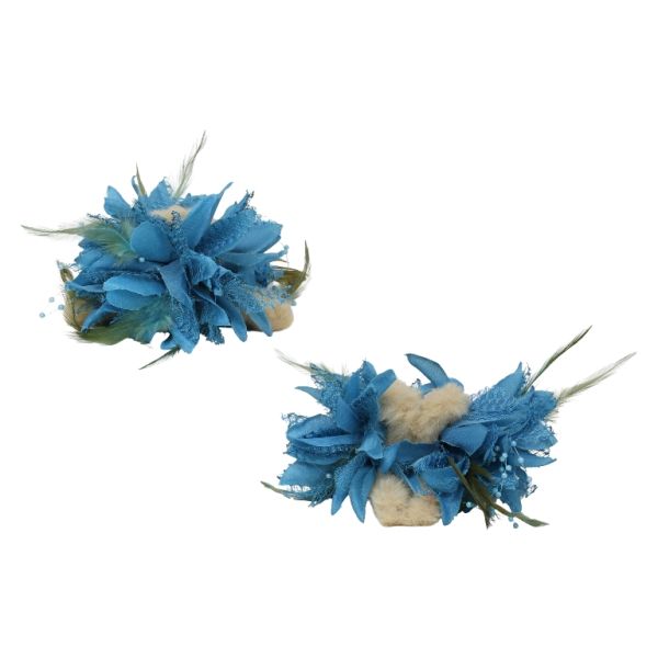JEWELRY - BRACKET - CLAW HAIR CLIP WITH TEXTILE - FLOWERS SH085 - 11x5x7.4cm GOLD-BEIGE-BLUE-GREEN - PACKAGE 3pcs.