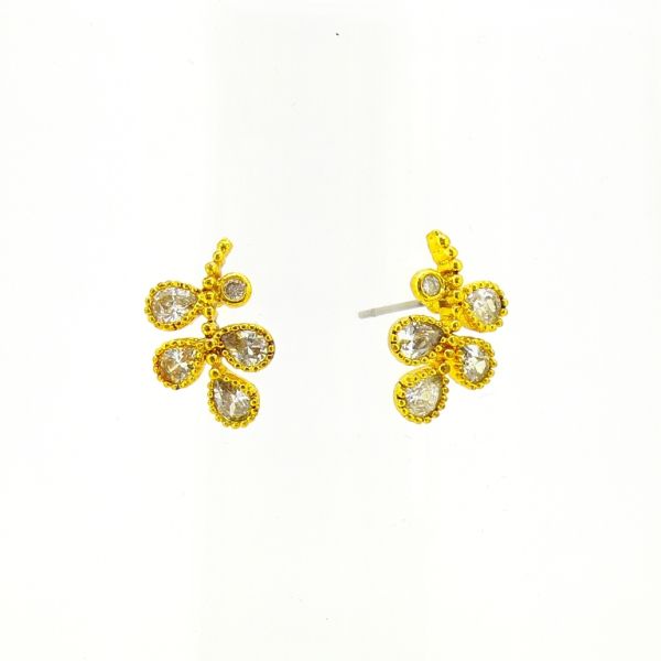 БИЖУТЕРИЯ - ОБЕЦИ - ВИНТ - ЦИРКОН - ЛИСТА Е593 - 1.0х1.5см ЗЛАТИСТО И БЯЛО - ПАКЕТ 6 чифта