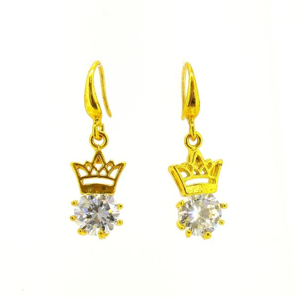 JEWELRY - EARRINGS - HOOK - ZIRCON - CROWN Е602 - 1.0x3.1cm GOLD AND WHITE - PACKAGE 6 pairs