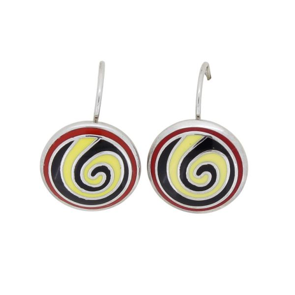 JEWELRY - EARRINGS - FRENCH LEVERBACK - METAL AND ENAMEL - SPIRAL Е632 - 1.6x2.4x1.7cm NICKEL-YELLOW-BLACK-RED - PACKAGE 3 pairs