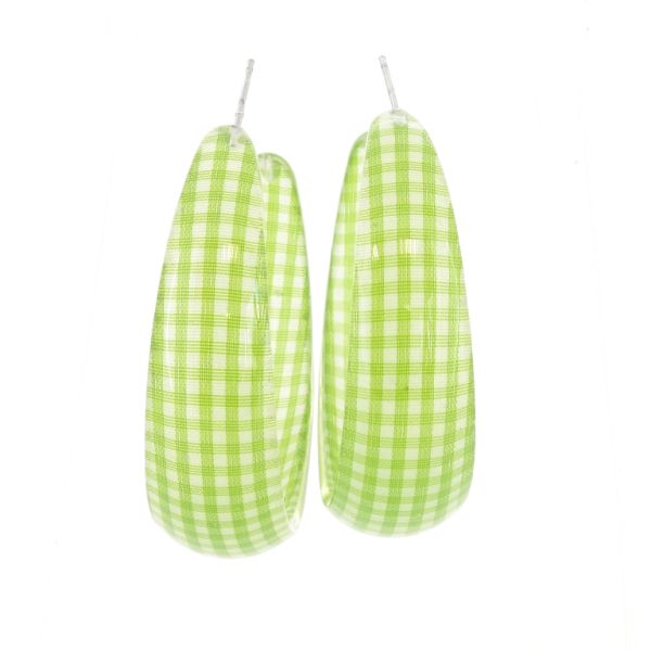 JEWELRY - EARRINGS - SCREW - METAL AND PLASTIC - COUNTRY CHECK PATTERN Е621 - 1.6x5.7cm NICKEL-GREEN-WHITE - PACKAGE 6 pairs