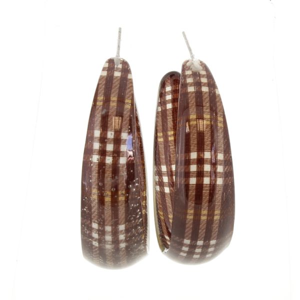 JEWELRY - EARRINGS - SCREW - METAL AND PLASTIC - COUNTRY CHECK PATTERN Е621 - 1.6x5.7cm NICKEL-BROWN-WHITE - PACKAGE 6 pairs