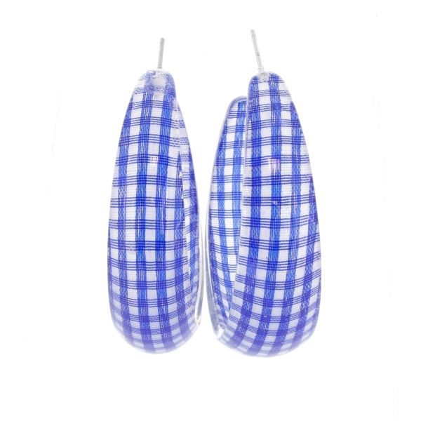 JEWELRY - EARRINGS - SCREW - METAL AND PLASTIC - COUNTRY CHECK PATTERN Е621 - 1.6x5.7cm NICKEL-BLUE-WHITE - PACKAGE 6 pairs