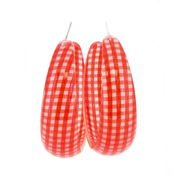 JEWELRY - EARRINGS - SCREW - METAL AND PLASTIC - COUNTRY CHECK PATTERN Е621 - 1.6x5.7cm NICKEL-RED-WHITE - PACKAGE 6 pairs