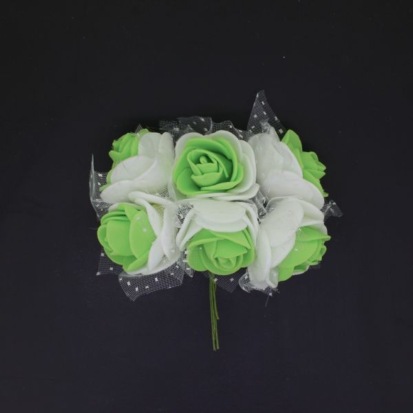 MATERIALS FOR CRAFT AND DECORATION - BOUQUET OF FOAMS - ROSE WITH TULLE AND WIRE - 3cm WHITE AND GREEN - PACKAGE (12x6pcs.)