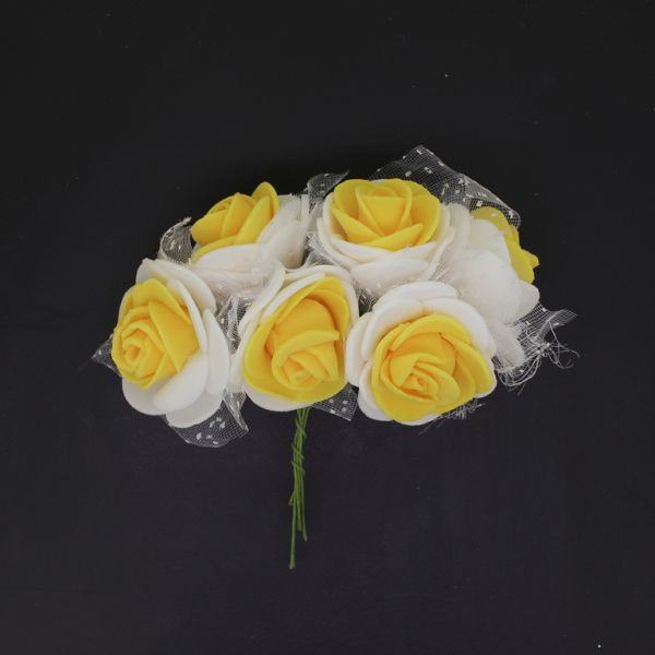MATERIALS FOR CRAFT AND DECORATION - BOUQUET OF FOAMS - ROSE WITH TULLE AND WIRE - 3cm WHITE AND YELLOW - PACKAGE (12x6pcs.)