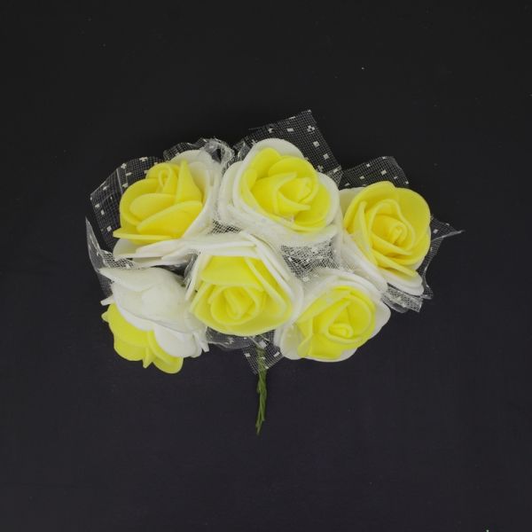 MATERIALS FOR CRAFT AND DECORATION - BOUQUET OF FOAMS - ROSE WITH TULLE AND WIRE - 3cm WHITE AND YELLOW (LIGHT) - PACKAGE (12x6pcs.)