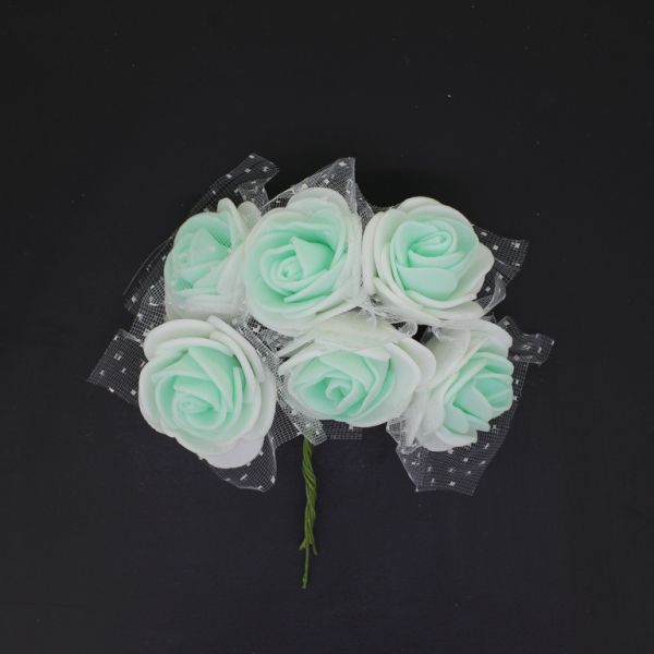 MATERIALS FOR CRAFT AND DECORATION - BOUQUET OF FOAMS - ROSE WITH TULLE AND WIRE - 3cm WHITE AND MINT - PACKAGE (12x6pcs.)