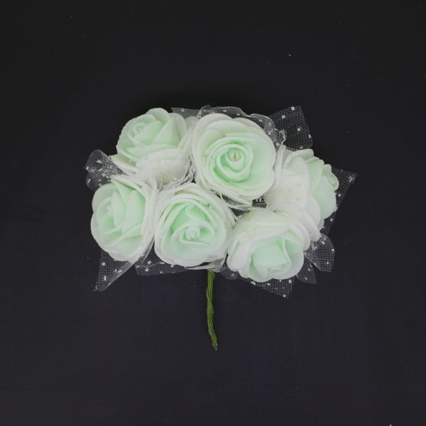 MATERIALS FOR CRAFT AND DECORATION - BOUQUET OF FOAMS - ROSE WITH TULLE AND WIRE - 3cm WHITE AND RESEDA - PACKAGE (12x6pcs.)