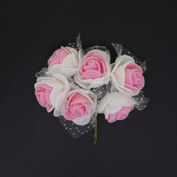 MATERIALS FOR CRAFT AND DECORATION - BOUQUET OF FOAMS - ROSE WITH TULLE AND WIRE - 3cm WHITE AND PINK - PACKAGE (12x6pcs.)