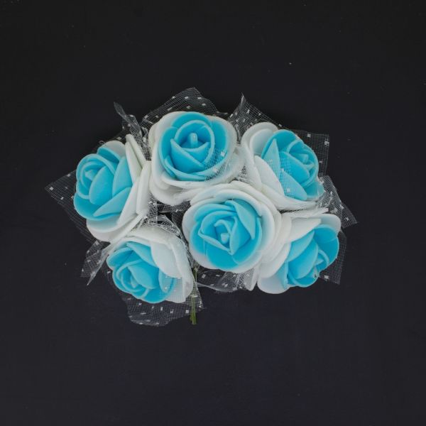 MATERIALS FOR CRAFT AND DECORATION - BOUQUET OF FOAMS - ROSE WITH TULLE AND WIRE - 3cm WHITE AND BLUE - PACKAGE (12x6pcs.)