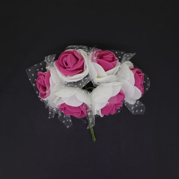 MATERIALS FOR CRAFT AND DECORATION - BOUQUET OF FOAMS - ROSE WITH TULLE AND WIRE - 3cm WHITE AND CYCLAMEN - PACKAGE (12x6pcs.)