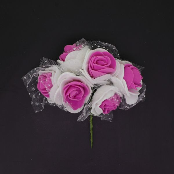 MATERIALS FOR CRAFT AND DECORATION - BOUQUET OF FOAMS - ROSE WITH TULLE AND WIRE - 3cm WHITE AND CYCLAMEN (LIGHT) - PACKAGE (12x6pcs.)