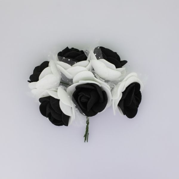 MATERIALS FOR CRAFT AND DECORATION - BOUQUET OF FOAMS - ROSE WITH TULLE AND WIRE - 3cm WHITE AND BLACK - PACKAGE (12x6pcs.)