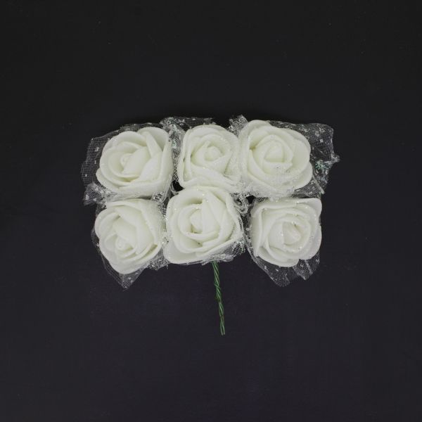 MATERIALS FOR CRAFT AND DECORATION - BOUQUET OF FOAMS - ROSE WITH TULLE, GLITTER AND WIRE - 2.5cm WHITE - PACKAGE (12x6pcs.)