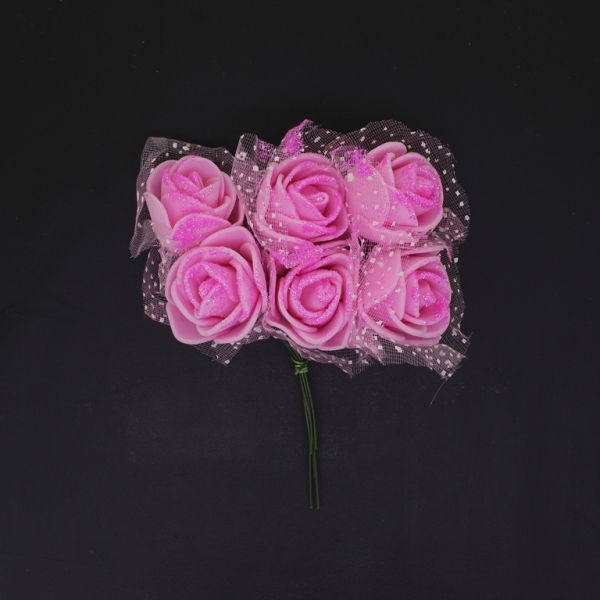 MATERIALS FOR CRAFT AND DECORATION - BOUQUET OF FOAMS - ROSE WITH TULLE, GLITTER AND WIRE - 2.5cm PINK (LIGHT) - PACKAGE (12x6pcs.)