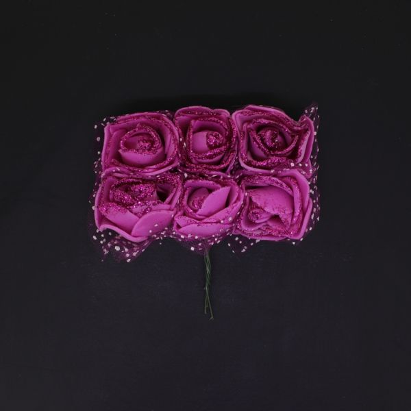 MATERIALS FOR CRAFT AND DECORATION - BOUQUET OF FOAMS - ROSE WITH TULLE, GLITTER AND WIRE - 2.5cm CYCLAMEN (DARK) - PACKAGE (12x6pcs.)