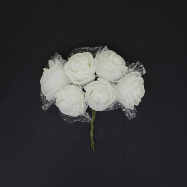 MATERIALS FOR CRAFT AND DECORATION - BOUQUET OF FOAMS - ROSE WITH TULLE, GLITTER AND WIRE - 2.6cm WHITE - PACKAGE (12x6pcs.)