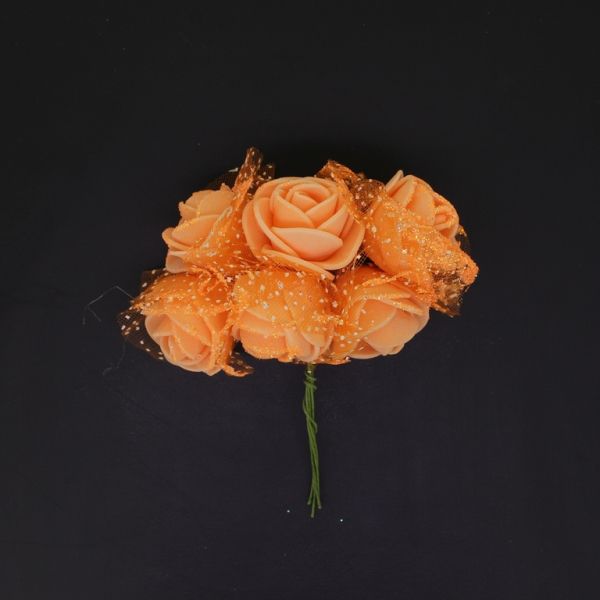 MATERIALS FOR CRAFT AND DECORATION - BOUQUET OF FOAMS - ROSE WITH TULLE, GLITTER AND WIRE - 2.6cm ORANGE (LIGHT) - PACKAGE (12x6pcs.)