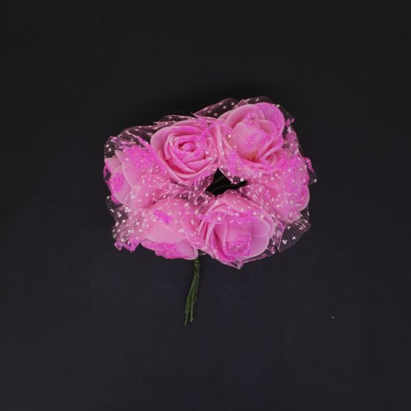 MATERIALS FOR CRAFT AND DECORATION - BOUQUET OF FOAMS - ROSE WITH TULLE, GLITTER AND WIRE - 2.6cm PINK (LIGHT) - PACKAGE (12x6pcs.)