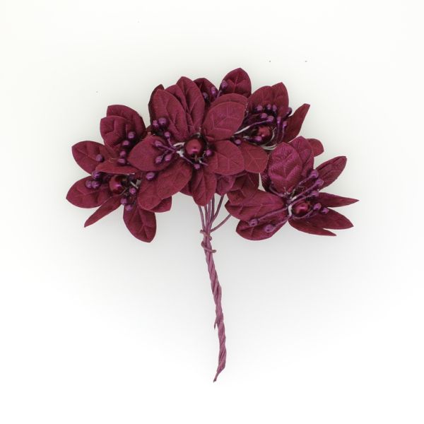 MATERIALS FOR CRAFT AND DECORATION - BOUQUET OF FLOWERS - TEXTILE WITH PEARLS AND WIRE - 5cm BORDEAUX - PACKAGE (12x6pcs.)