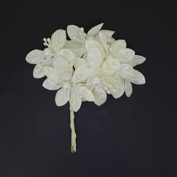 MATERIALS FOR CRAFT AND DECORATION - BOUQUET OF FLOWERS - TEXTILE WITH PEARLS AND WIRE - 5cm ECRU - PACKAGE (12x6pcs.)