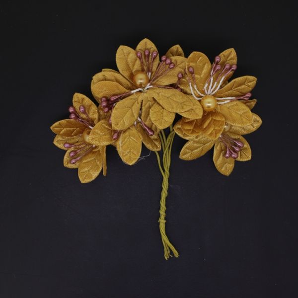 MATERIALS FOR CRAFT AND DECORATION - BOUQUET OF FLOWERS - TEXTILE WITH PEARLS AND WIRE - 5cm GOLD (DARK) - PACKAGE (12x6pcs.)