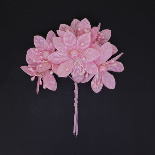 MATERIALS FOR CRAFT AND DECORATION - BOUQUET OF FLOWERS - TEXTILE WITH PEARLS AND WIRE - 5cm PINK (LIGHT) - PACKAGE (12x6pcs.)