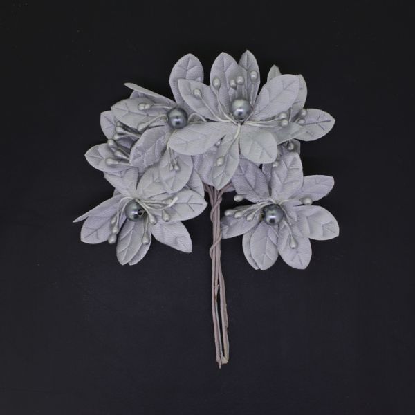 MATERIALS FOR CRAFT AND DECORATION - BOUQUET OF FLOWERS - TEXTILE WITH PEARLS AND WIRE - 5cm GRAY (LIGHT) - PACKAGE (12x6pcs.)