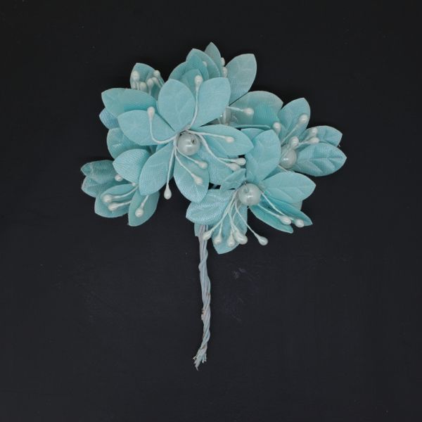 MATERIALS FOR CRAFT AND DECORATION - BOUQUET OF FLOWERS - TEXTILE WITH PEARLS AND WIRE - 5cm BLUE (LIGHT) - PACKAGE (12x6pcs.)