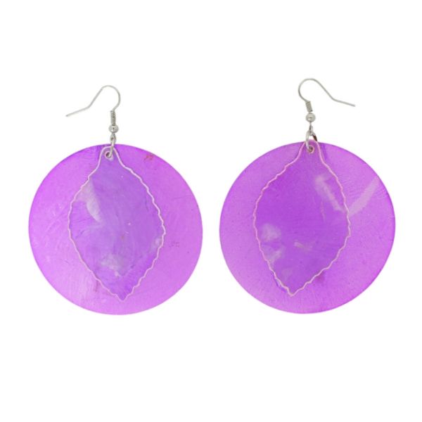 JEWELRY - EARRINGS - HOOK - MOTHER OF PEARL - LEAF Е646 - 6x8cm NICKEL AND PURPLE - PACKAGE 6 pairs