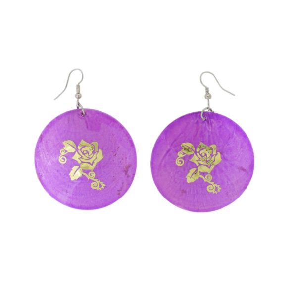 JEWELRY - EARRINGS - HOOK - MOTHER OF PEARL - ROSE Е644 - 5x7cm PURPLE AND GOLD - PACKAGE 6 pairs