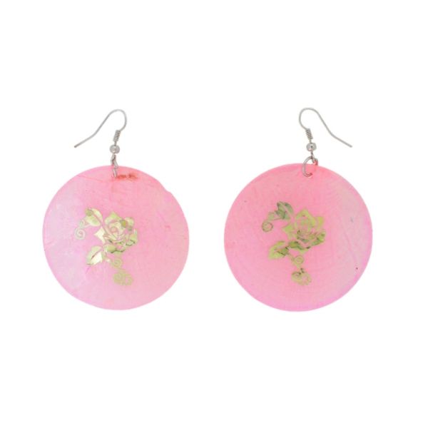 JEWELRY - EARRINGS - HOOK - MOTHER OF PEARL - ROSE Е644 - 5x7cm PINK AND GOLD - PACKAGE 6 pairs