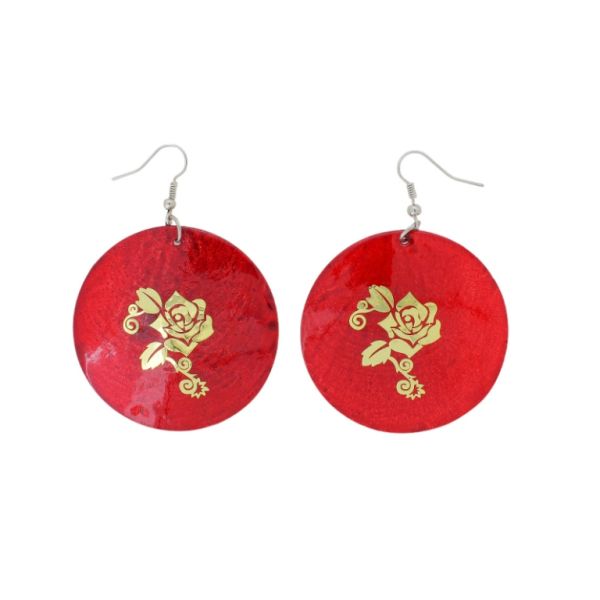 JEWELRY - EARRINGS - HOOK - MOTHER OF PEARL - ROSE Е644 - 5x7cm RED AND GOLD - 1 pair