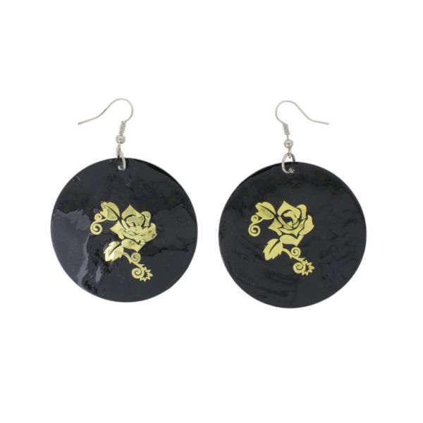 JEWELRY - EARRINGS - HOOK - MOTHER OF PEARL - ROSE Е644 - 5x7cm BLACK AND GOLD - PACKAGE 6 pairs