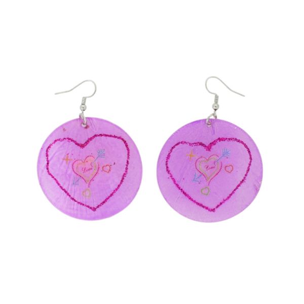 JEWELRY - EARRINGS - HOOK - MOTHER OF PEARL - HEART Е643 - 5x7cm PURPLE AND MIX - 1 pair