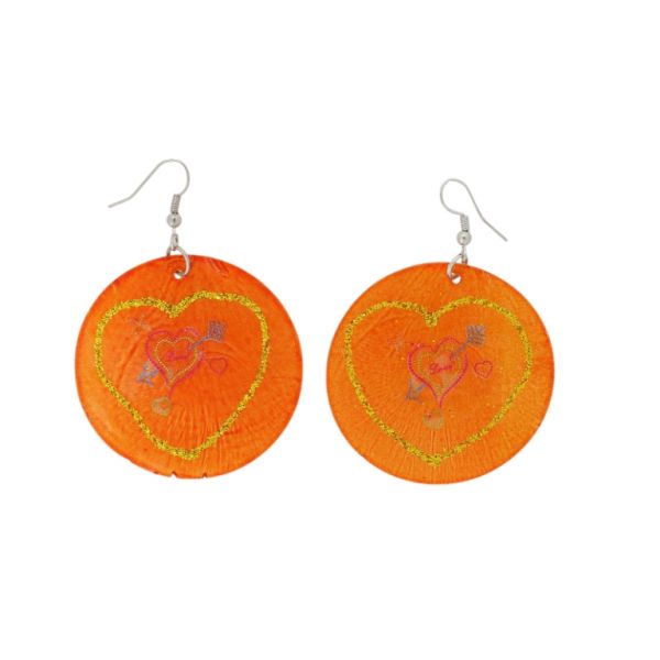 JEWELRY - EARRINGS - HOOK - MOTHER OF PEARL - HEART Е643 - 5x7cm ORANGE AND MIX - 1 pair