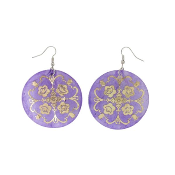 JEWELRY - EARRINGS - HOOK - MOTHER OF PEARL - FLOWER Е641 - 5x7cm PURPLE AND GOLD - PACKAGE 6 pairs