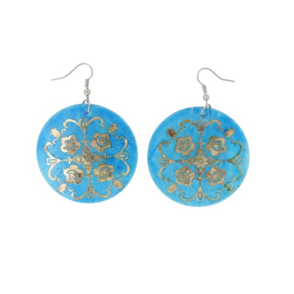 JEWELRY - EARRINGS - HOOK - MOTHER OF PEARL - FLOWER Е641 - 5x7cm BLUE AND GOLD - 1 pair