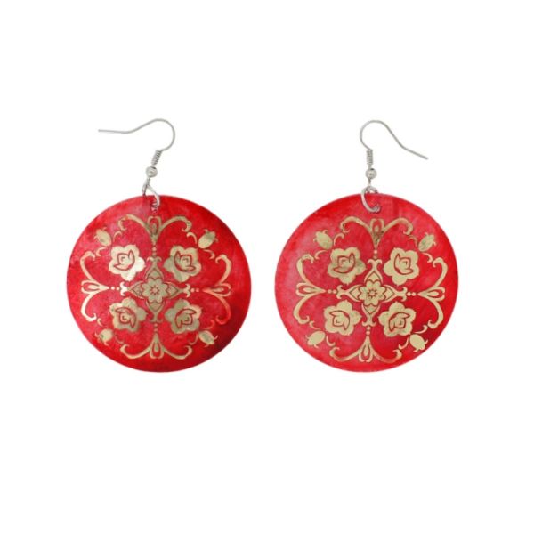 JEWELRY - EARRINGS - HOOK - MOTHER OF PEARL - FLOWER Е641 - 5x7cm RED AND GOLD - PACKAGE 6 pairs