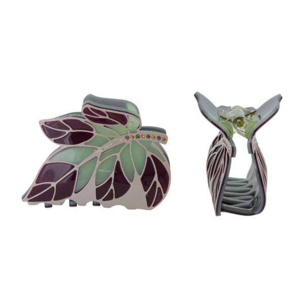JEWELRY - BRACKET - CLAW HAIR CLIP WITH GLASS CRYSTALS SH087 - LEAF - 7.0x4.5x3.5cm GREEN-BROWN (DARK)-BEIGE - 1pc.