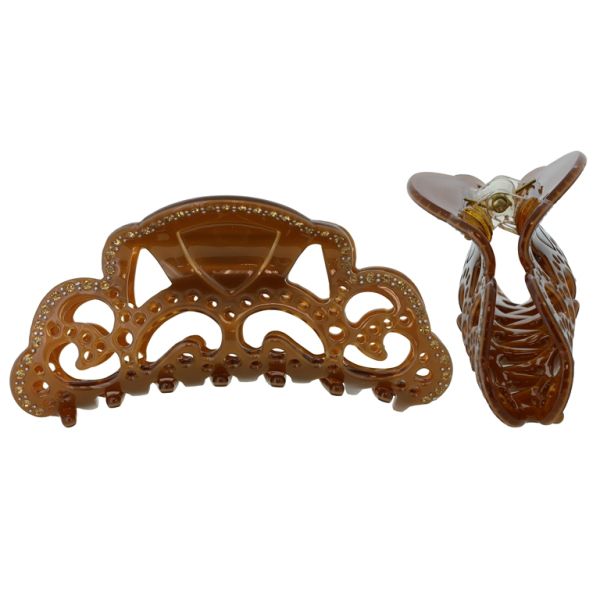 JEWELRY - BRACKET - CLAW HAIR CLIP WITH GLASS CRYSTALS SH090 - FORMS - 10x4.2x2.7cm BROWN AND YELLOW - PACKAGE 2pcs.