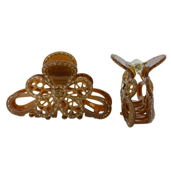 JEWELRY - BRACKET - CLAW HAIR CLIP WITH GLASS CRYSTALS SH091 - FLOWER - 8.4x5x2.7cm BROWN AND YELLOW - PACKAGE 2pcs.