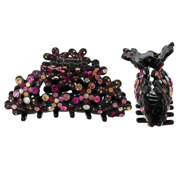 JEWELRY - BRACKET - CLAW HAIR CLIP WITH GLASS CRYSTALS SH092 - FLOWER - 10x4.6x3.0cm BLACK AND MIX - 1pc.