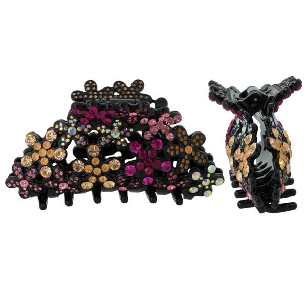 JEWELRY - BRACKET - CLAW HAIR CLIP WITH GLASS CRYSTALS SH092 - FLOWER - 10x4.6x3.0cm BLACK-CYCLAMEN-BEIGE - PACKAGE 2pcs.