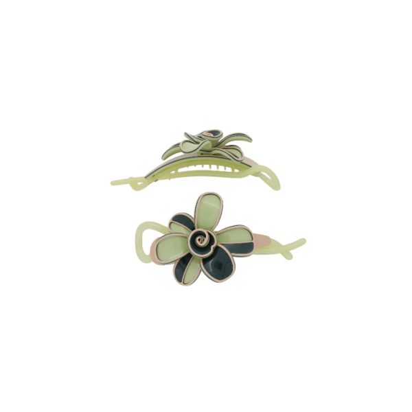 JEWELRY - RESIN BRACKET FOR HAIR SH107 - FLOWER - 11x5.6x2.5cm GREEN (LIGHT)-GREEN (DARK)-PEACH - PACKAGE 2pcs.